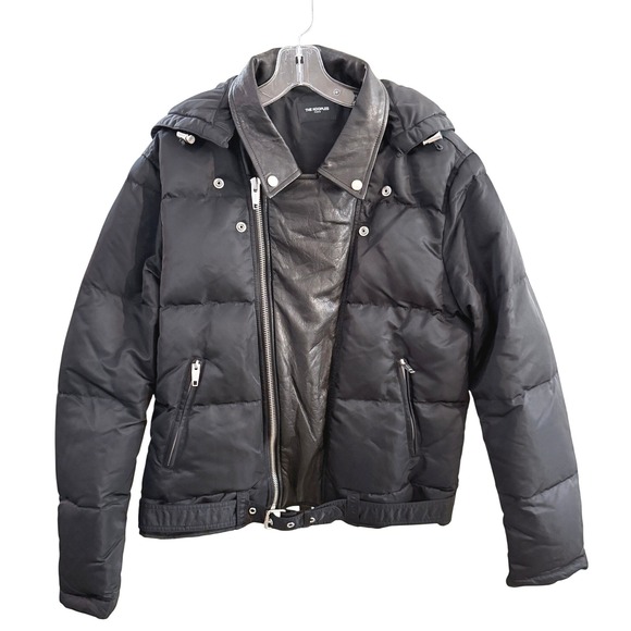 The Kooples Paris Mens Black Leather & Down Biker Hooded Jacket Size L MSRP $810 - Picture 6 of 16